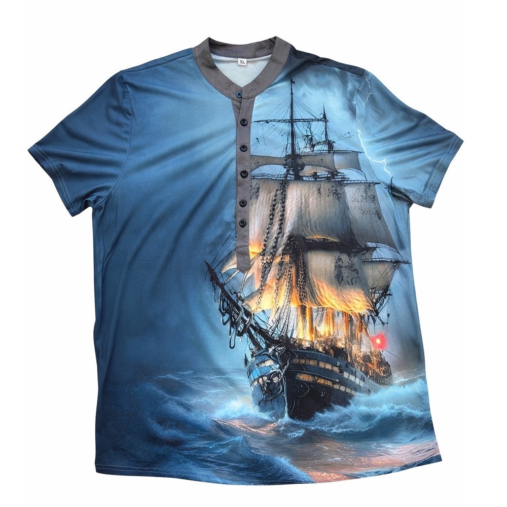 Men's XL Tall Ship Kraken Ocean‎ Storm Graphic Henley Shirt Nautical Pirate Tee